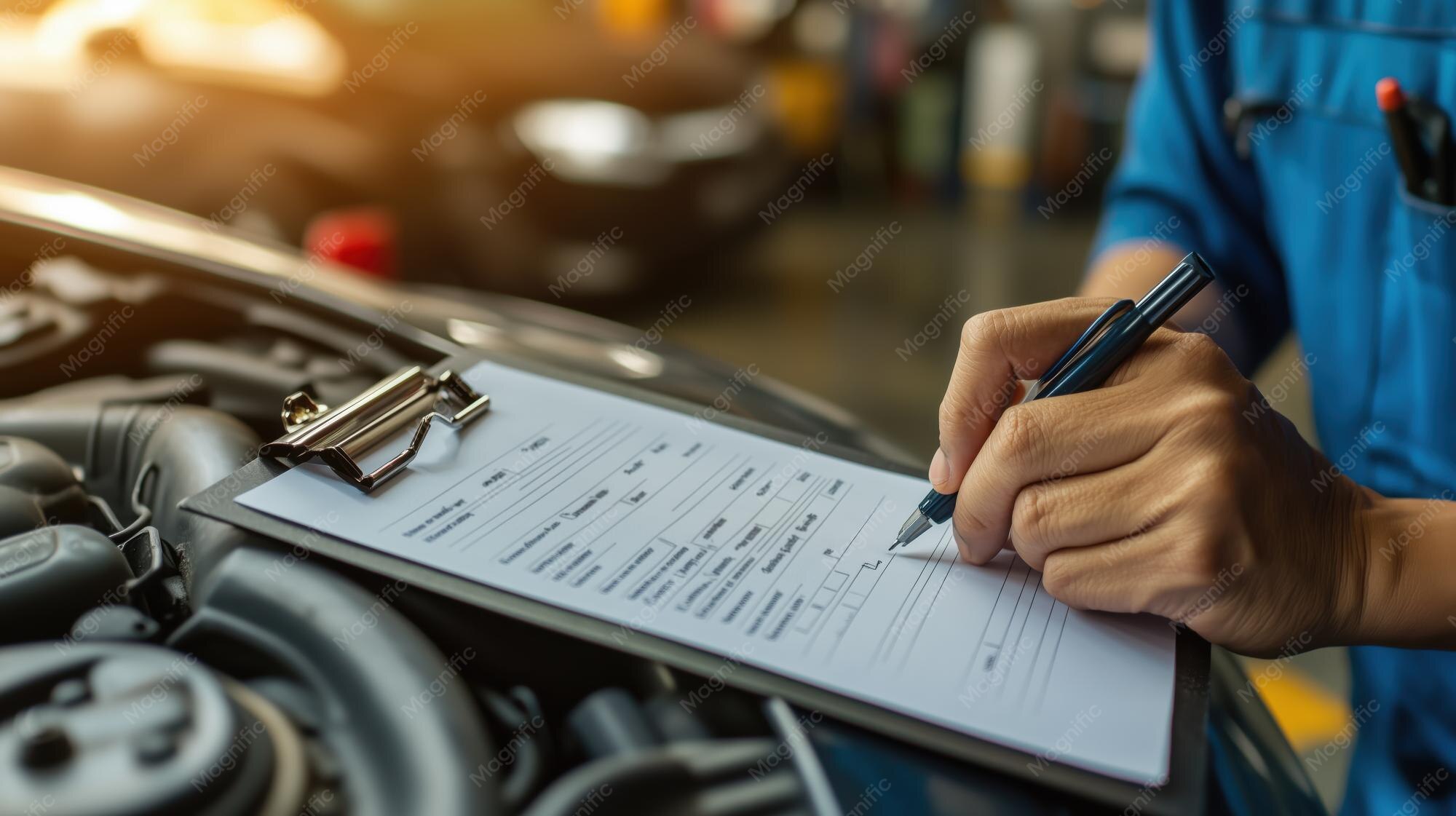 car mechanic writing checklist while inspecting vehicle 37732 6558